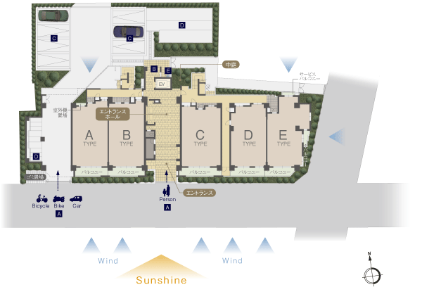 Features of the building.  [Land Plan] Zenteiminami direction, It is sunlight rich life stage that two-sided corner lot with a feeling of opening is achieved (site layout drawing ・ 1-floor plan view)