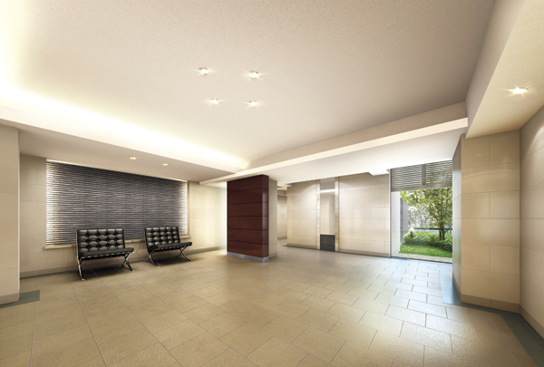 Buildings and facilities. Using high-quality materials such as tiles and natural stone in the entrance hall, It has been finished to a luxurious atmosphere. It has become the beauty of space to decorate the introductory chapter of the private scene filled with relaxation (Entrance Hall Rendering)