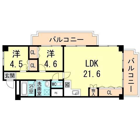 Floor plan. 2LDK, Price 9 million yen, Occupied area 69.96 sq m , Balcony area 17.7 sq m