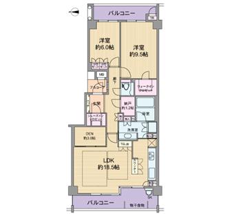 Floor plan. 2LDK + 2S (storeroom), Price 52,800,000 yen, Footprint 91.5 sq m , Balcony area 19.16 sq m floor plan