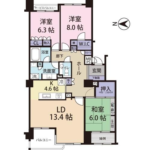 Floor plan. 3LDK, Price 25.6 million yen, Footprint 105.39 sq m , Balcony area 8.73 sq m