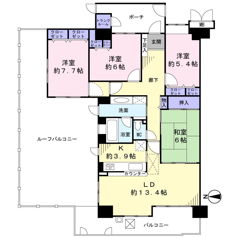 Floor plan. 4LDK, Price 34,900,000 yen, The area occupied 103.6 sq m , Balcony area 13.95 sq m