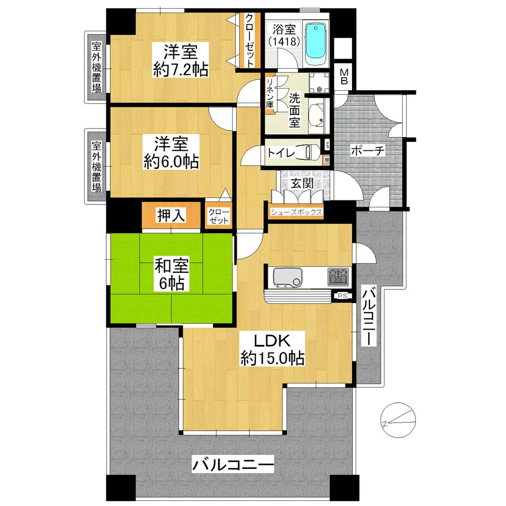 Floor plan. 3LDK, Price 31,800,000 yen, Occupied area 75.55 sq m , Balcony area 26.85 sq m south ・ West ・ North of the three-sided balcony