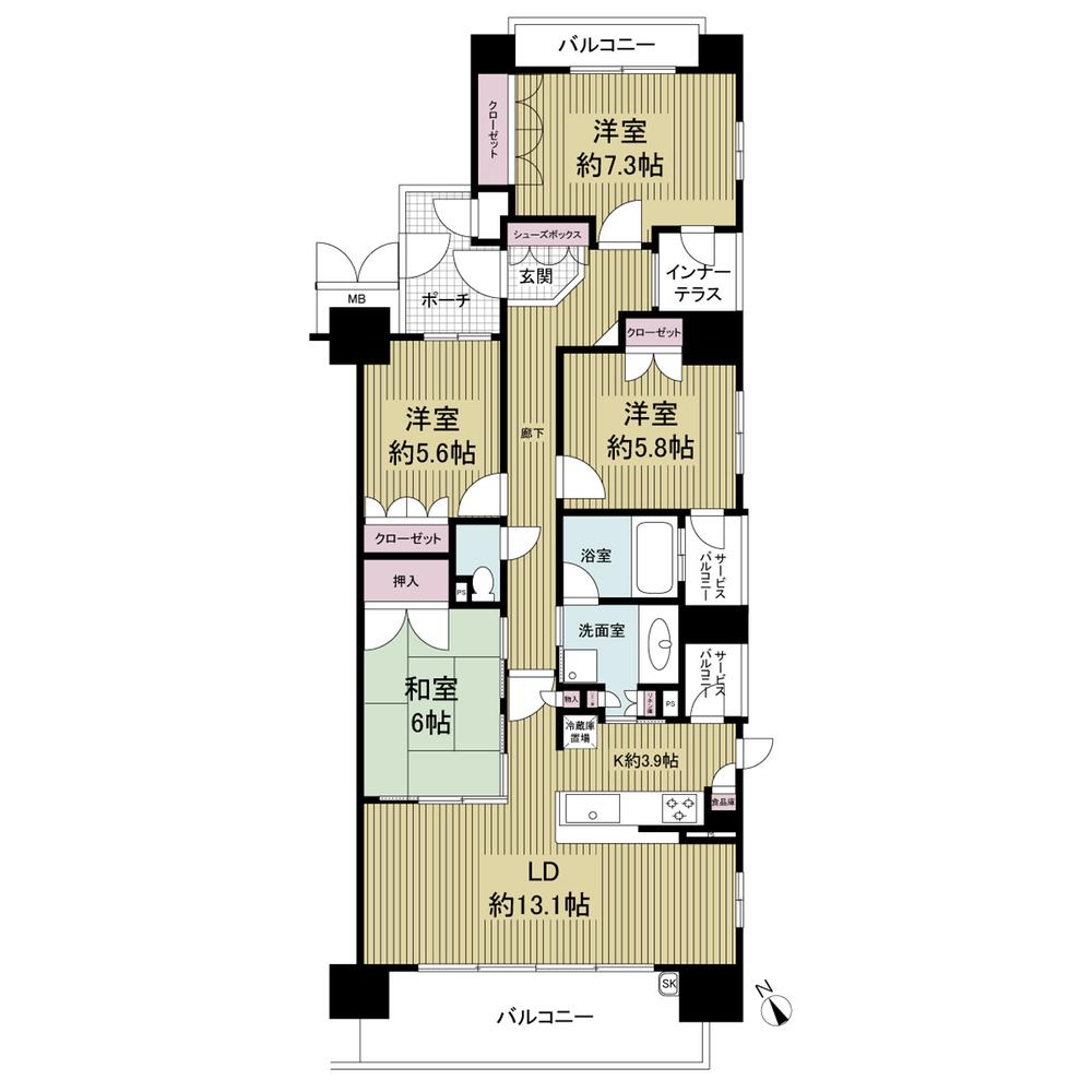 Floor plan. 4LDK, Price 38,500,000 yen, Occupied area 95.92 sq m , Balcony area 17.93 sq m ● southeast corner room ● 95.92 sq m  4LDK ● the living room, It has been carefully use.
