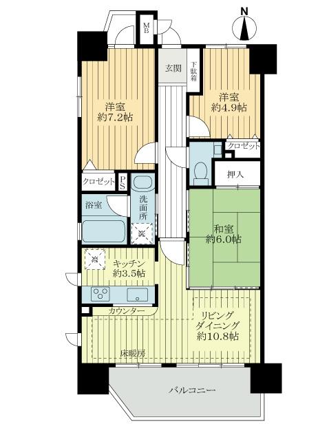 Floor plan. 3LDK, Price 29,800,000 yen, Occupied area 72.96 sq m , Balcony area 11.06 sq m