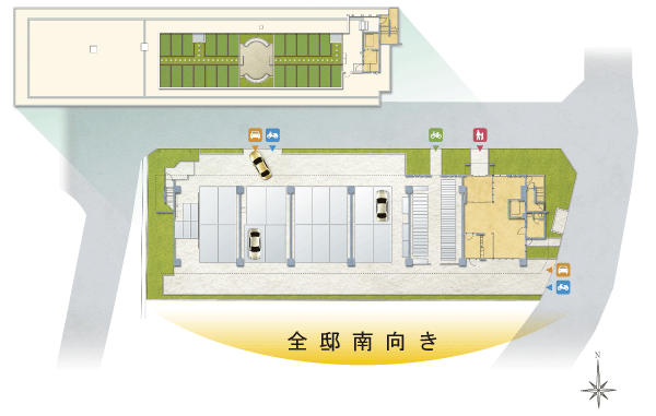 Features of the building.  [Land Plan] The property of the site shape of a three-way road that was blessed with independence. Zentei lead to light and wind is south-facing dwelling unit placement (site layout)