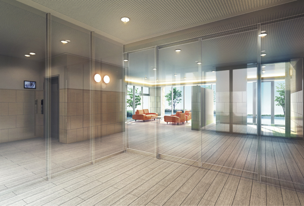 Shared facilities.  [Entrance hall] Surrounded by open glass wall entrance hall. Floor the entire surface of the flooring tone tile, Wall that was two-tone directed at the waist wall of marble tile, The ceiling has been installed LED indirect lighting to light the light of the warm colors (Rendering)