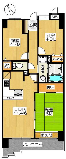 Floor plan. 3LDK, Price 23.8 million yen, Occupied area 60.48 sq m , Balcony area 9.09 sq m