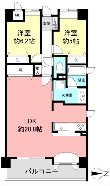 Floor plan. 2LDK, Price 19.7 million yen, Occupied area 72.84 sq m , Balcony area 9.94 sq m Floor