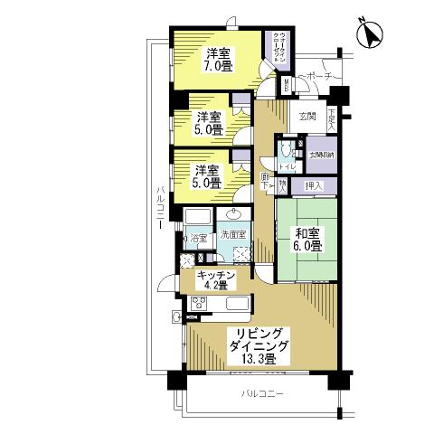 Floor plan. 4LDK, Price 39,800,000 yen, Occupied area 94.89 sq m , Balcony area is 27.43 sq m two-sided balcony