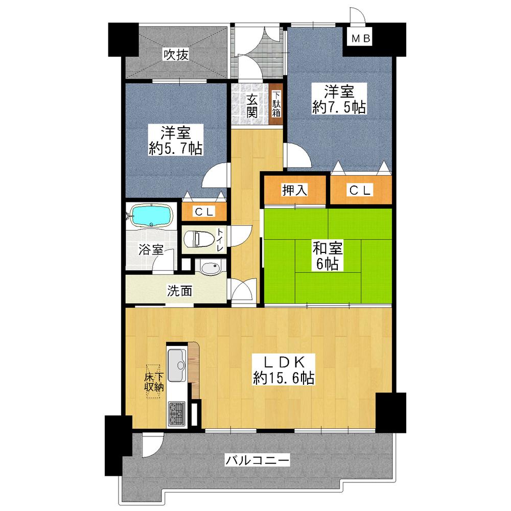 Floor plan. 3LDK, Price 21 million yen, Occupied area 75.36 sq m , Balcony area 14.65 sq m