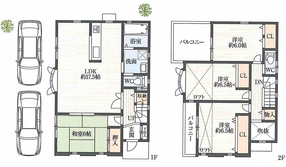 Floor plan. 34,800,000 yen, 4LDK, Land area 100.05 sq m , Building area 101.85 sq m LDK17.5 Pledge 6 Pledge over each room Garage 2 cars can park!