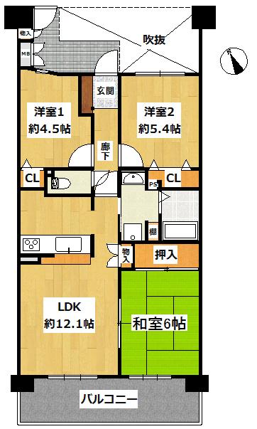 Floor plan. 3LDK, Price 21 million yen, Occupied area 61.05 sq m , Balcony area 12.29 sq m
