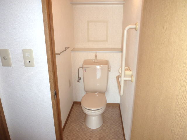 Toilet. Toilet with a handrail