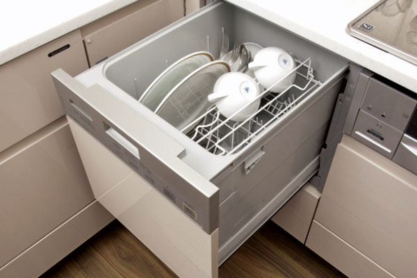 Kitchen.  [Dishwasher] It can be out the dishes in a comfortable position from the top, Slide type of dishwasher. It offers low noise and energy saving (same specifications)