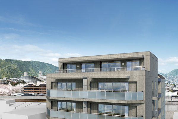 Features of the building.  [appearance] It is Shukugawa park of green and cherry trees on the west side, It will be born to the location where spread lush mountains of Rokko Mountains on the north side (local 6th floor view photos (April 2013 shooting from the equivalent) to the CG synthesizing the appearance Rendering (in fact a slightly different))