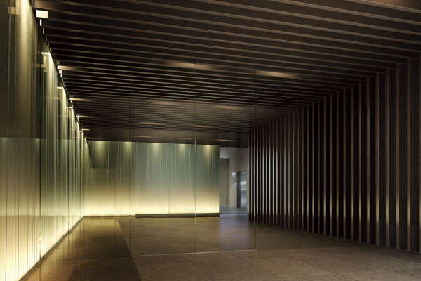 Features of the building.  [Entrance hall] Light wall pattern emerges in vivid, A volume design of louver etc., It is a quaint space with modern taste soft lighting and shadows weave. Since by crank flow line to the elevator hall, There is also a private calm (Rendering)