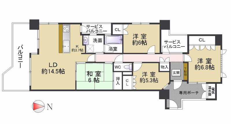 Floor plan. 4LDK, Price 40,800,000 yen, Occupied area 94.93 sq m , It is 4LDK of balcony area 15.72 sq m footprint 94.93 sq m. Brighter from the south-facing balcony, Warm sunshine enters service balcony is also a southwest angle a room with two places.