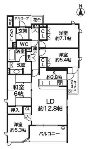 Floor plan. 4LDK, Price 44,400,000 yen, Occupied area 90.71 sq m , Balcony area 8.3 sq m
