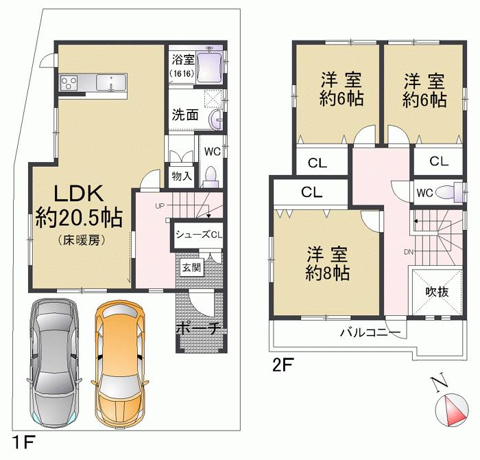 Floor plan. 45 million yen, 3LDK, Land area 118.87 sq m , Building area 106.82 sq m room is in town of the seller Good! Atrium is also there is a feeling of opening attractive