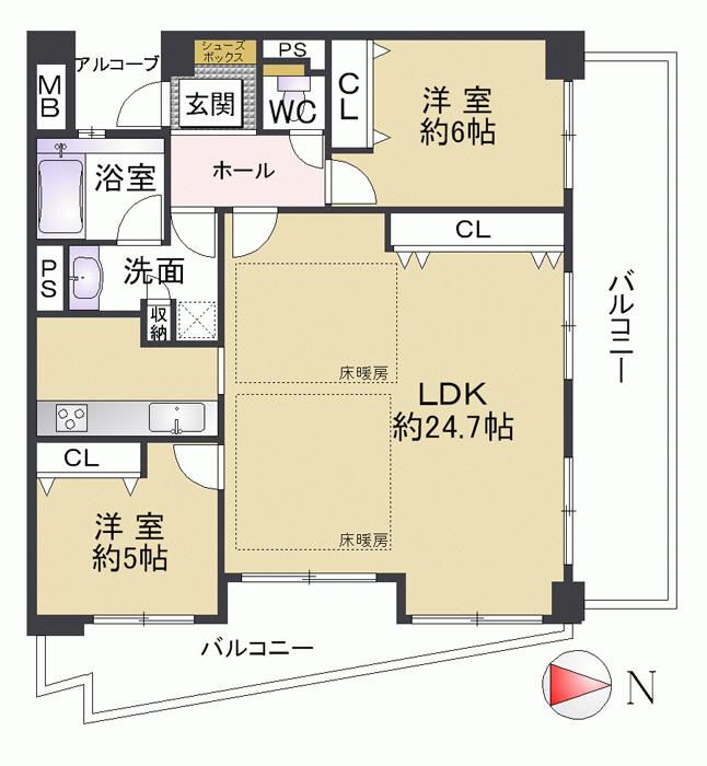 Floor plan. 2LDK, Price 34,800,000 yen, Occupied area 73.56 sq m , Balcony area 21.17 sq m