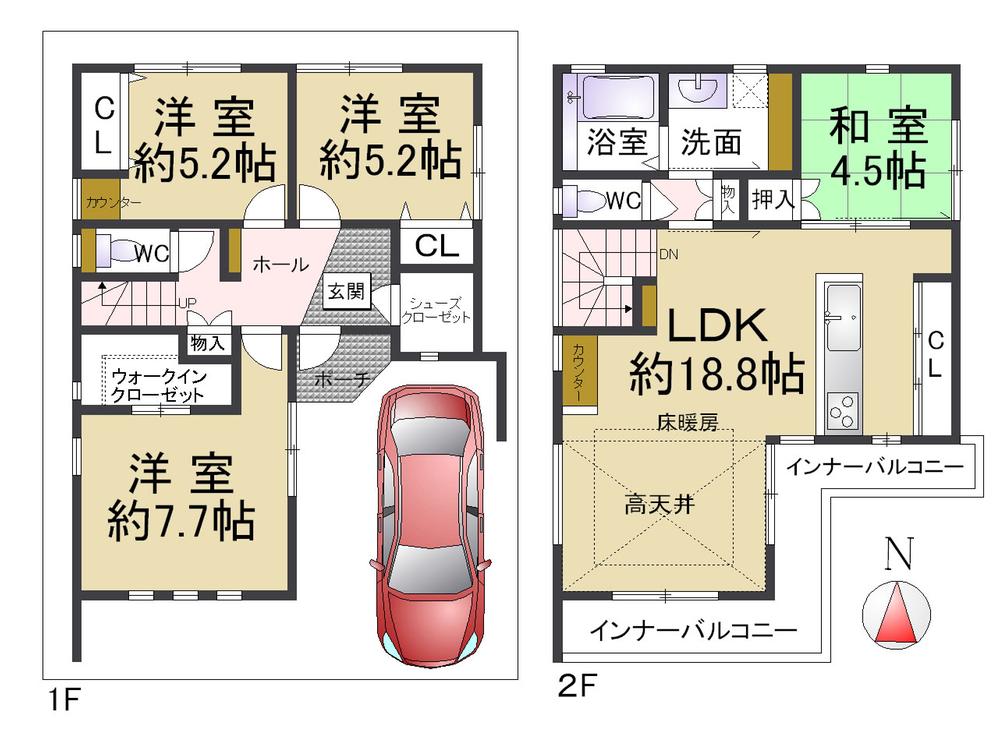 Floor plan. 42,800,000 yen, 4LDK, Land area 90.04 sq m , It is a building area of ​​99.42 sq m popular south-facing newly built properties! From the south in the living, It contains a lot of light