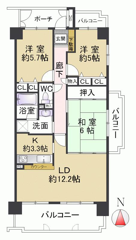 Floor plan. 3LDK, Price 32,800,000 yen, Occupied area 72.54 sq m , Balcony area 17.25 sq m