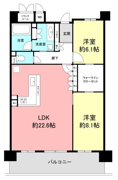 Floor plan. 2LDK, Price 46,880,000 yen, Occupied area 85.53 sq m , Balcony area 14.76 sq m Floor