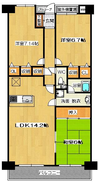 Floor plan. 3LDK, Price 26,800,000 yen, Occupied area 73.67 sq m , Balcony area 9 sq m