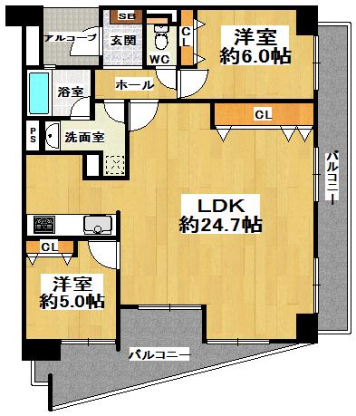 Floor plan. 2LDK, Price 36 million yen, Occupied area 73.56 sq m , Balcony area 21.17 sq m