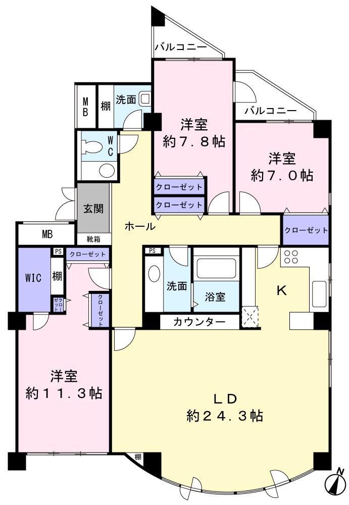 Floor plan. 3LDK, Price 45 million yen, Footprint 148.16 sq m , Balcony area 6.95 sq m