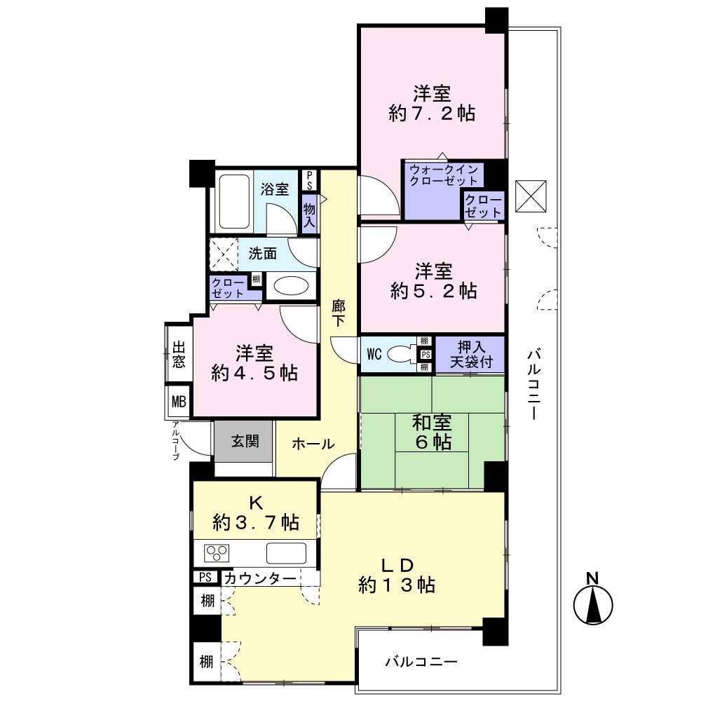 Floor plan. 4LDK, Price 42,800,000 yen, Occupied area 90.78 sq m , Balcony area 21.82 sq m