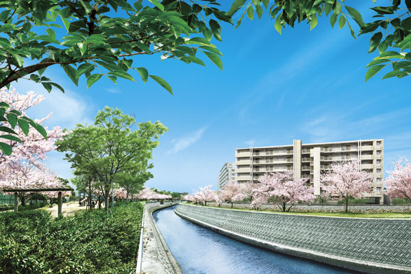 Features of the building.  [appearance] It is known as the cherry blossoms, Park & ​​Riverside to be colored by the four seasons beautiful scenery, And the birth of "Prime Mates Hamamatsubara Nishinomiya" of bright southwestward (CG synthesizing Exterior - Rendering to photograph overlooking the local than Tsumon of the April 2012 shooting Central Park (about 130m). In fact a slightly different)