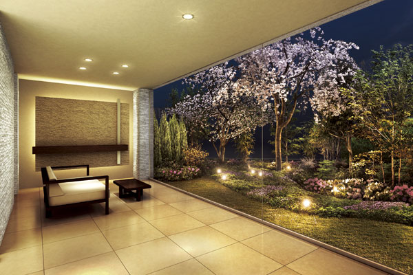 Features of the building.  [Entrance hall] When you exit the wind dividing room from the approach, Entrance Hall, facing the courtyard that reflects the expression of the four seasons. Night draws light up the courtyard is a beautiful expression as painting, Us to further enhance the sense of anticipation to the home (Rendering)