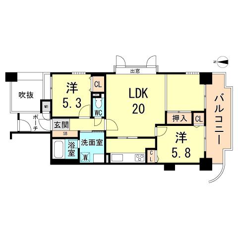 Floor plan. 2LDK, Price 20.8 million yen, Occupied area 68.48 sq m , Balcony area 10.52 sq m