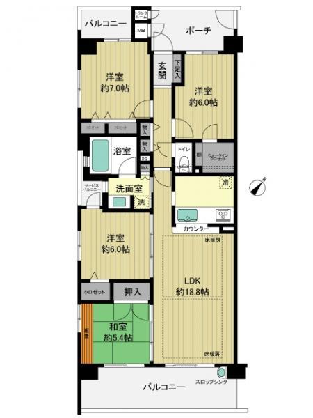 Floor plan. 4LDK, Price 32,500,000 yen, Occupied area 93.56 sq m , Balcony area 16.81 sq m
