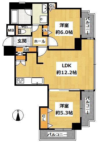Floor plan. 2LDK, Price 21,800,000 yen, Occupied area 53.82 sq m , Balcony area 8.42 sq m