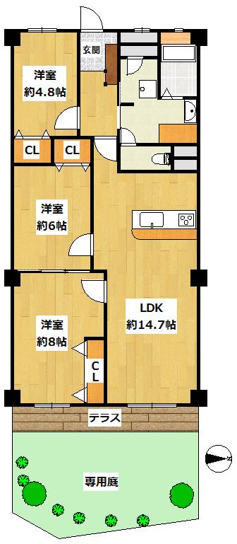Floor plan. 3LDK, Price 18,800,000 yen, Occupied area 76.88 sq m , Balcony area 7.86 sq m