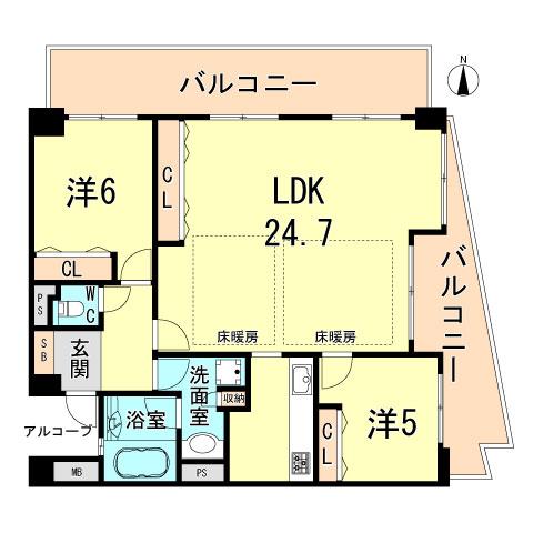 Floor plan. 2LDK, Price 36 million yen, Occupied area 73.56 sq m , Balcony area 21.17 sq m