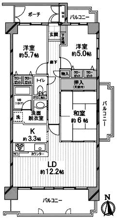 Floor plan. 3LDK, Price 32,800,000 yen, Occupied area 72.54 sq m , Balcony area 17.25 sq m