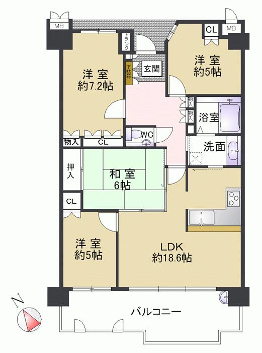 Floor plan. 4LDK, Price 29,300,000 yen, Occupied area 84.97 sq m , This room is bathed in bright sunshine in a room on the balcony area 17.7 sq m wide span. There is also a view overlooking the Koshienhama from the balcony.