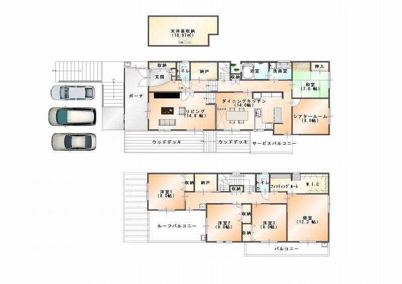 Floor plan. 88,800,000 yen, 6LDK + 2S (storeroom), Land area 478.48 sq m , Building area 221.43 sq m All rooms 7 quires more 6SLDK & ceiling storage 18.97 sq m & wood deck 29.5 sq m ! Furthermore, all rooms, Equipped with built-in air conditioning and floor heating in all corridor!