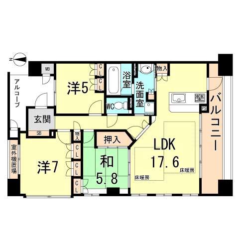 Floor plan. 3LDK, Price 33,800,000 yen, Occupied area 83.73 sq m , Balcony area 13.54 sq m