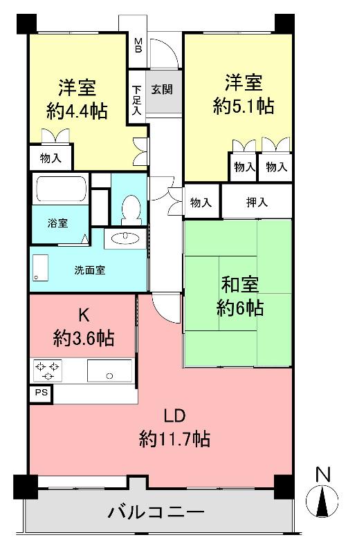 Floor plan. 3LDK, Price 42,800,000 yen, Occupied area 76.21 sq m , Balcony area 10.5 sq m