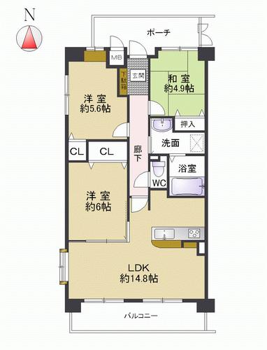 Floor plan. 3LDK, Price 20.8 million yen, Occupied area 71.38 sq m , Balcony area 9.07 sq m 3LDK Pouch 7.83 sq m