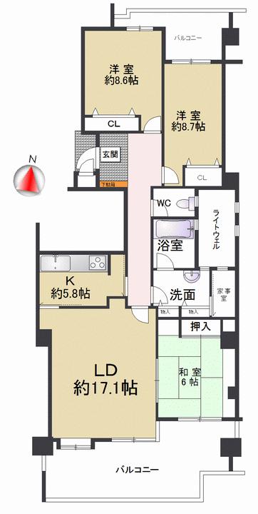 Floor plan. 3LDK, Price 51,500,000 yen, Footprint 111.57 sq m , Balcony area 8.36 sq m