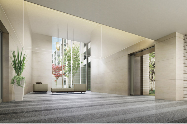 Features of the building.  [Entrance hall] Finish the floor in the texture some limestone, Invites you to the lobby lounge, which is filled with a feeling of opening of the two-tier atrium (Rendering)