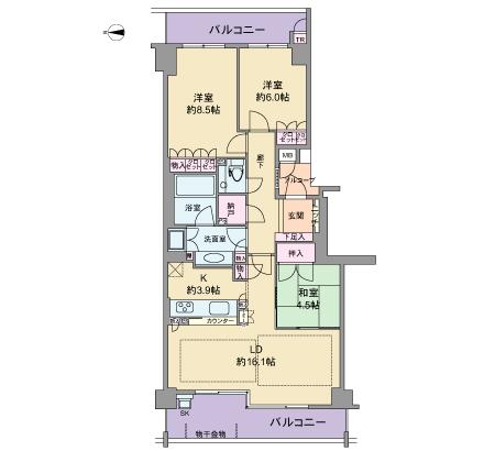 Floor plan. 3LDK + S (storeroom), Price 52,800,000 yen, Occupied area 91.67 sq m , Balcony area 19.52 sq m
