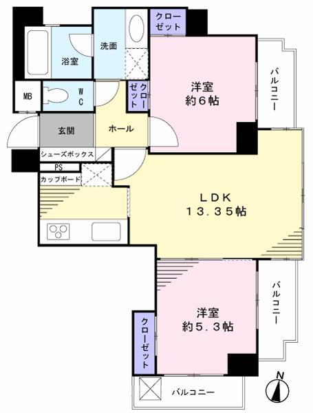 Floor plan. 2LDK, Price 21,800,000 yen, Occupied area 53.82 sq m , Balcony area 8.42 sq m