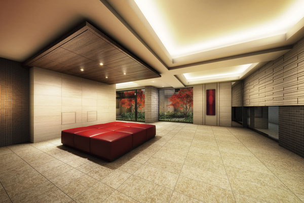 Shared facilities.  [Entrance hall] Material is arranged with expressive irregularities in the wall, indirect lighting, mirror, Produce a feeling of spaciousness in the Yukimi sash. Courtyard and large design sofa autumn leaves has been arranged to feel the season has increased the comfort feeling of as a place of Yingbin (Rendering)